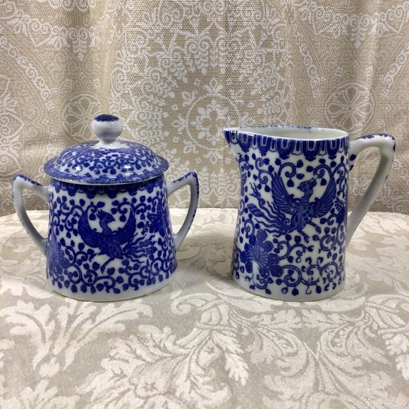 Vintage Nippon Asian Flying Phoenix Angled Handle Covered Sugar and Creamer Set - Picture 1 of 7